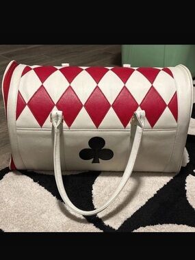 White and Red Diamond-Pattern Dome Handbag with Club Accent